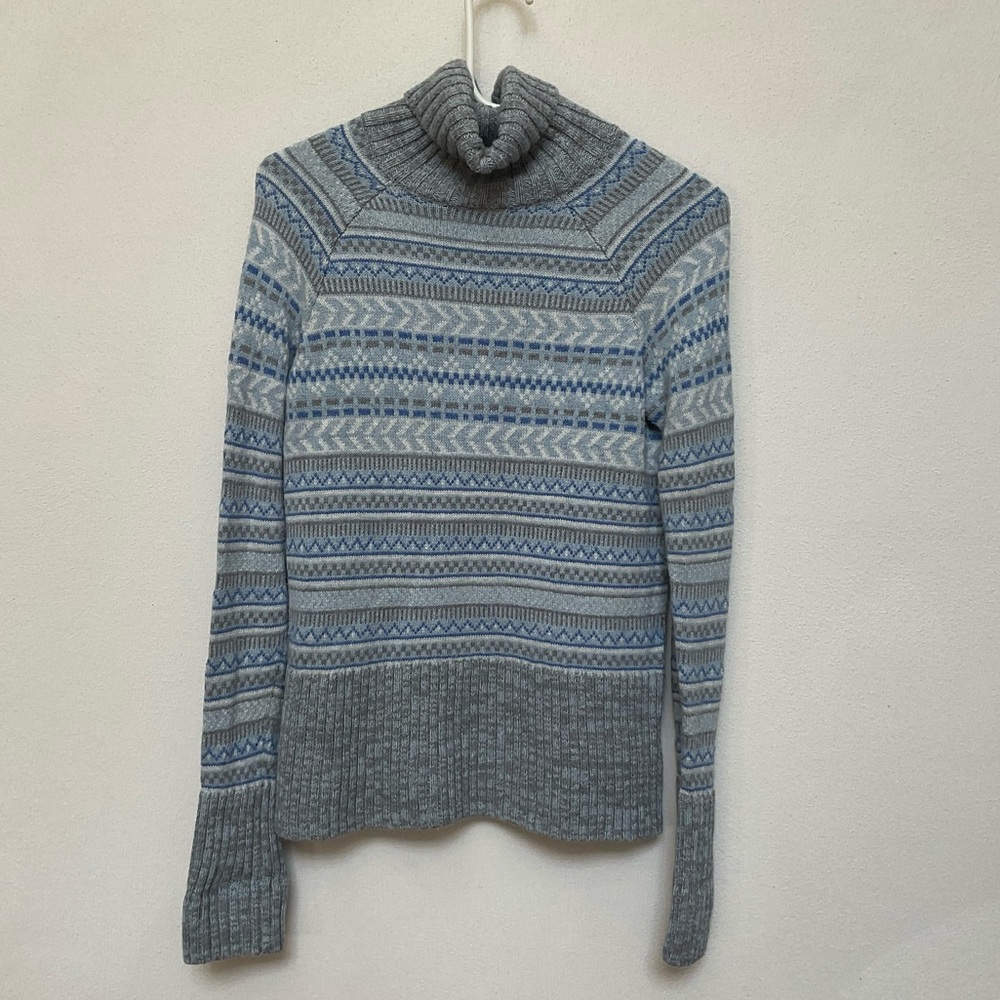 Columbia Blue, Grey, Cream Striped Thick Knit Turtleneck Sweater Size M Wool
